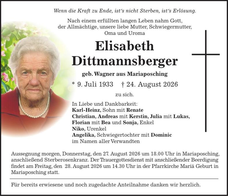 Traueranzeige Elisabeth Dittmannsberger