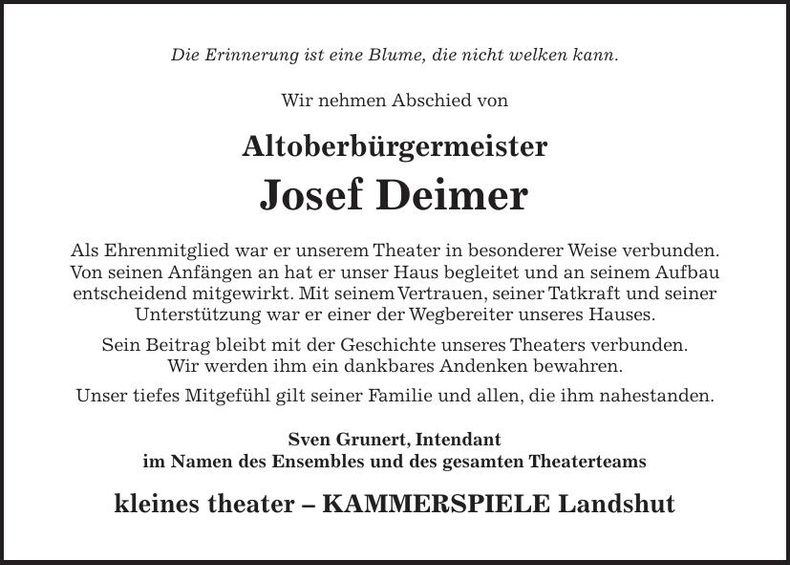Traueranzeige Josef Deimer