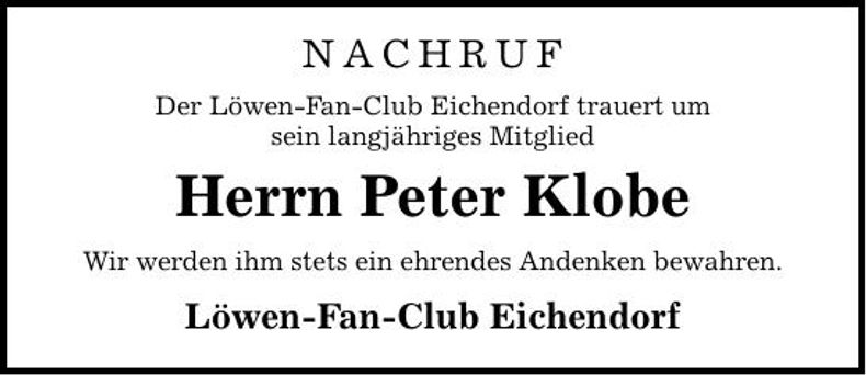 Traueranzeige Peter  Klobe