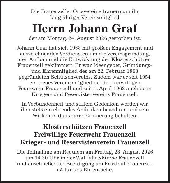 Traueranzeige Johann Graf