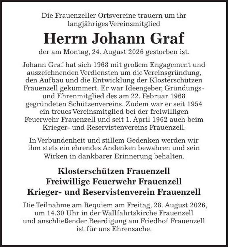 Traueranzeige Johann Graf