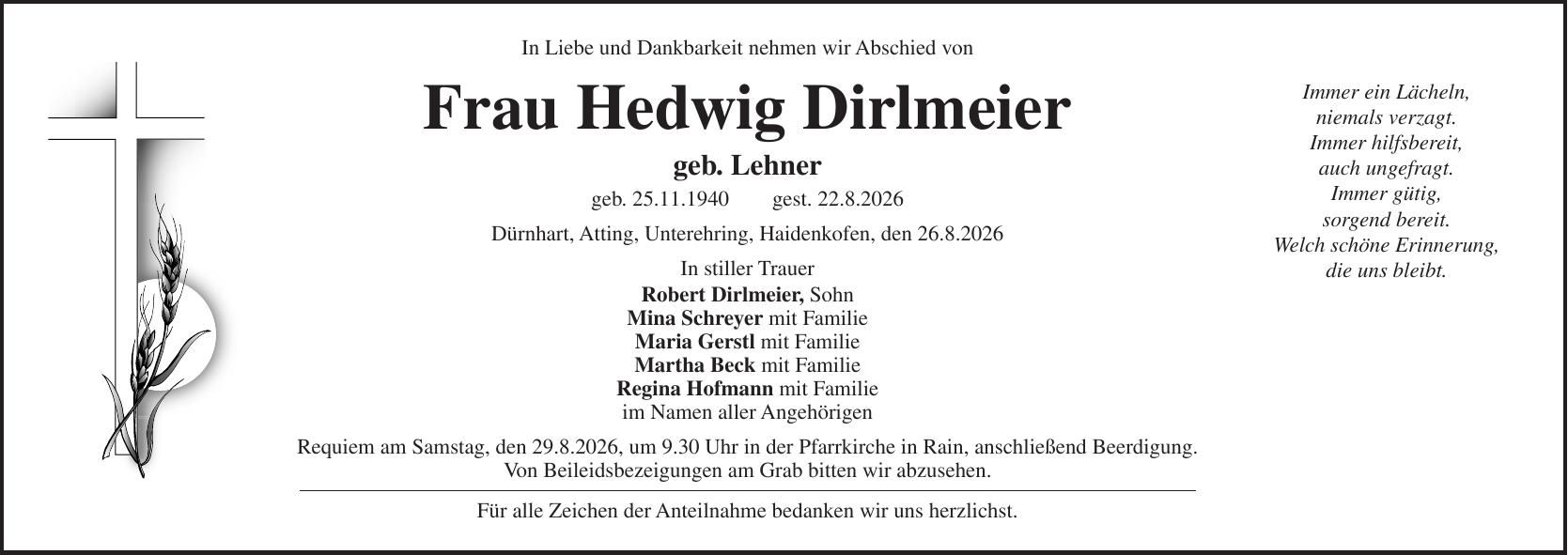 Traueranzeige Hedwig Dirlmeier