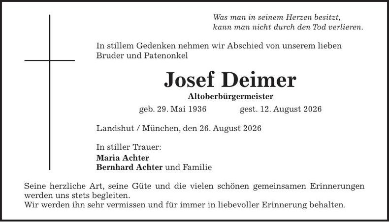 Traueranzeige Josef Deimer