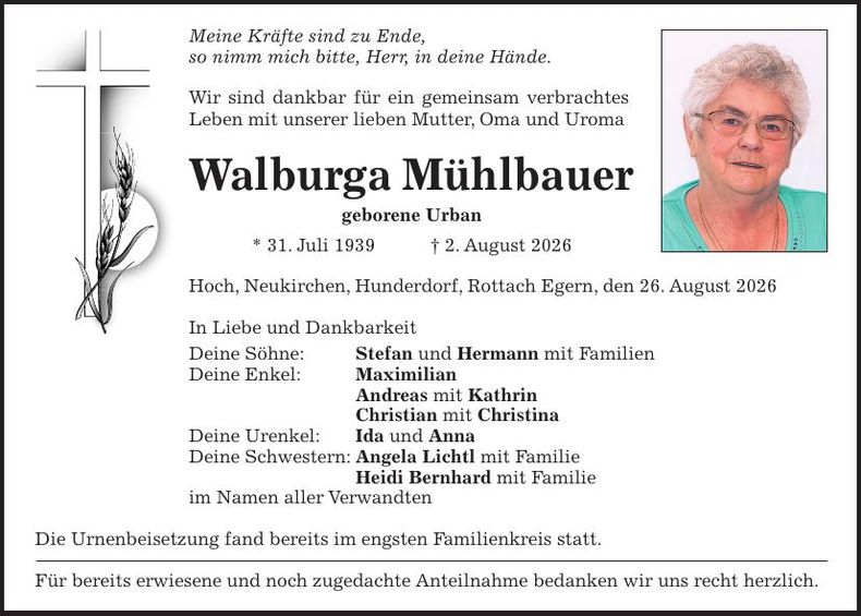 Traueranzeige Walburga Mühlbauer
