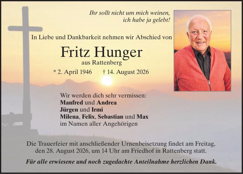 Traueranzeige Fritz Hunger