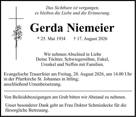 Traueranzeige Gerda Niemeier