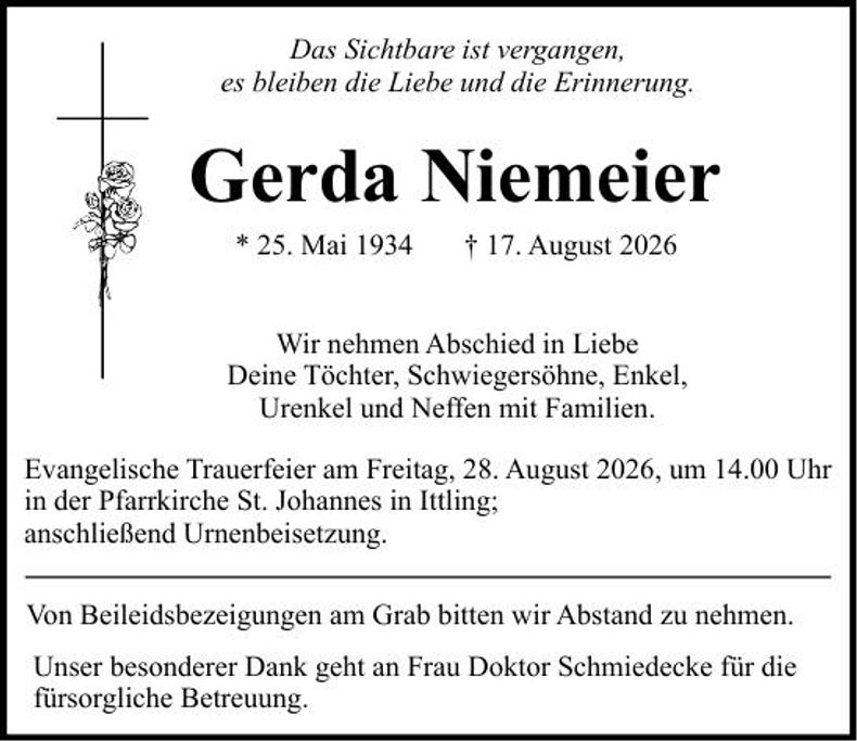 Traueranzeige Gerda Niemeier