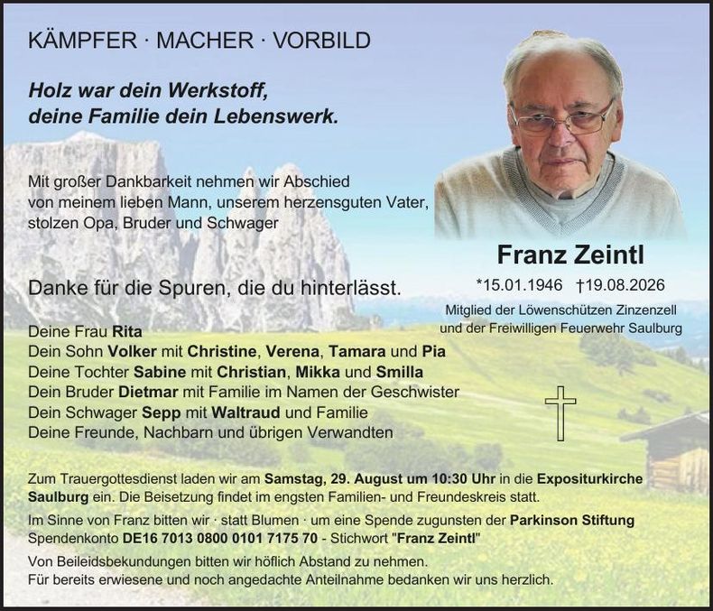 Traueranzeige Franz Zeintl