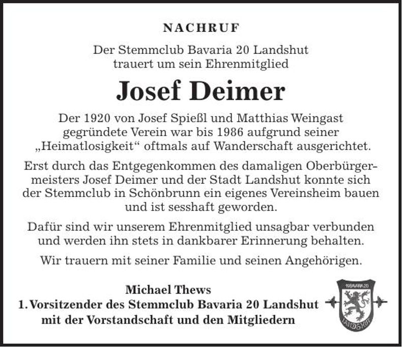 Traueranzeige Josef Deimer