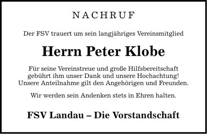Traueranzeige Peter  Klobe