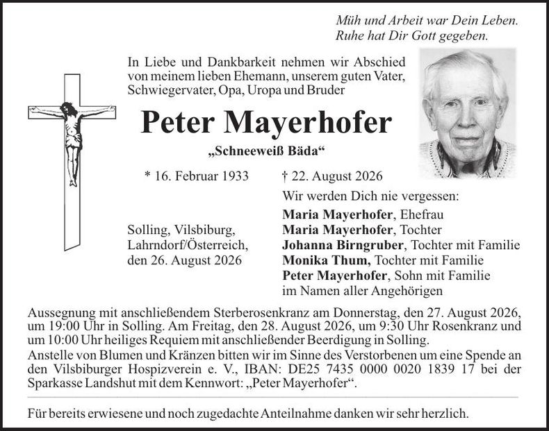 Traueranzeige Peter Mayerhofer