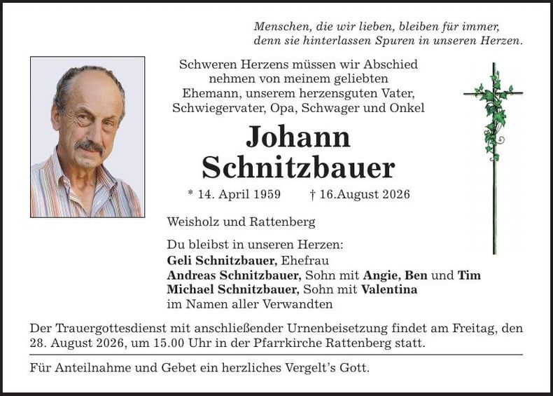 Traueranzeige Johann Schnitzbauer