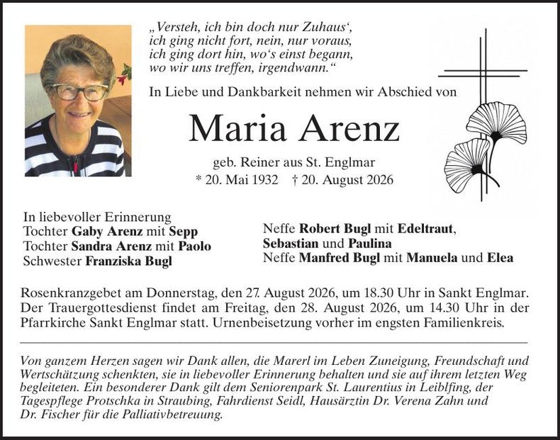 Traueranzeige Maria Arenz