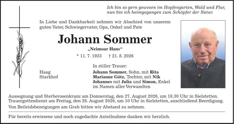 Traueranzeige Johann Sommer
