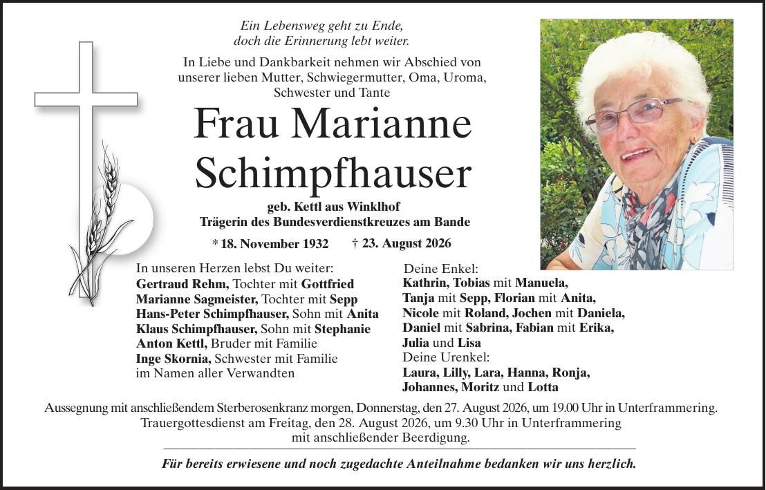 Traueranzeige Marianne Schimpfhauser