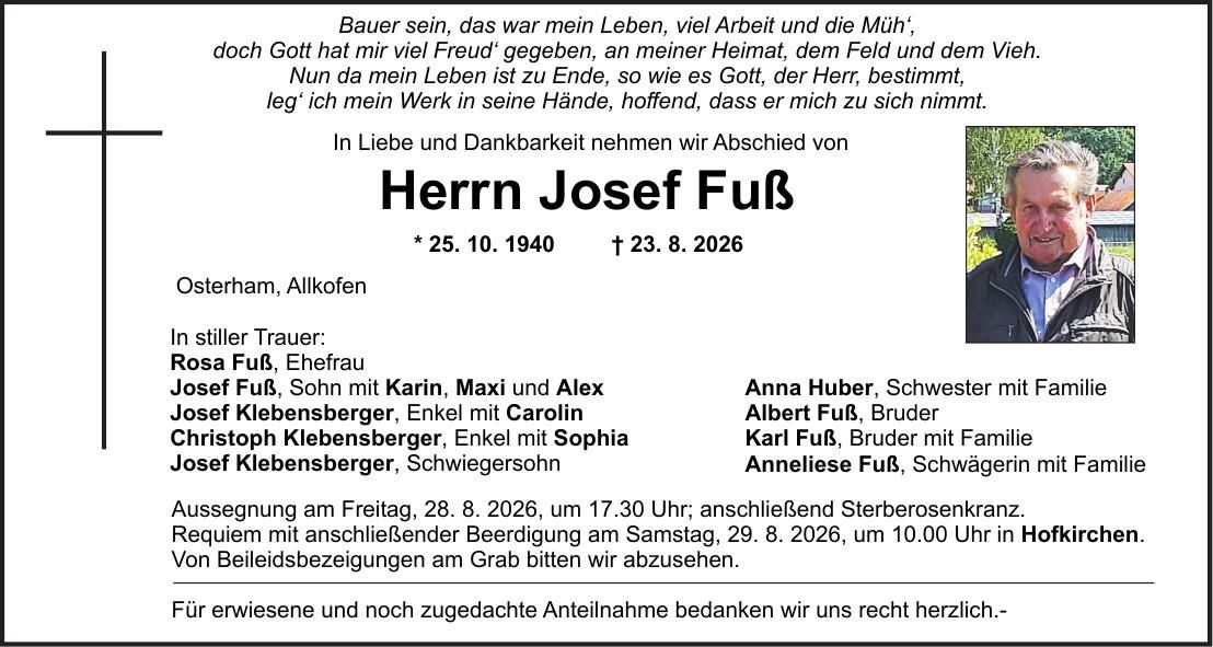 Traueranzeige Josef Fuß