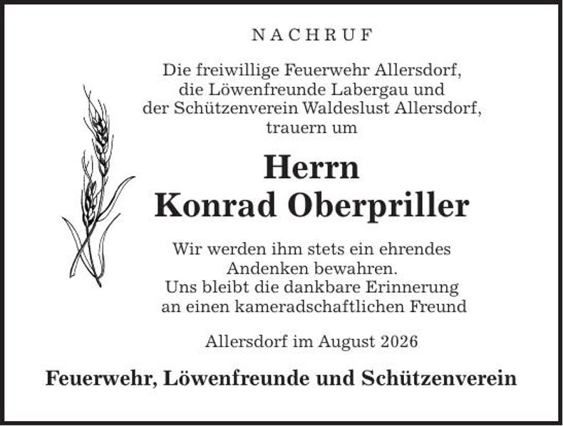 Traueranzeige Konrad Oberpriller