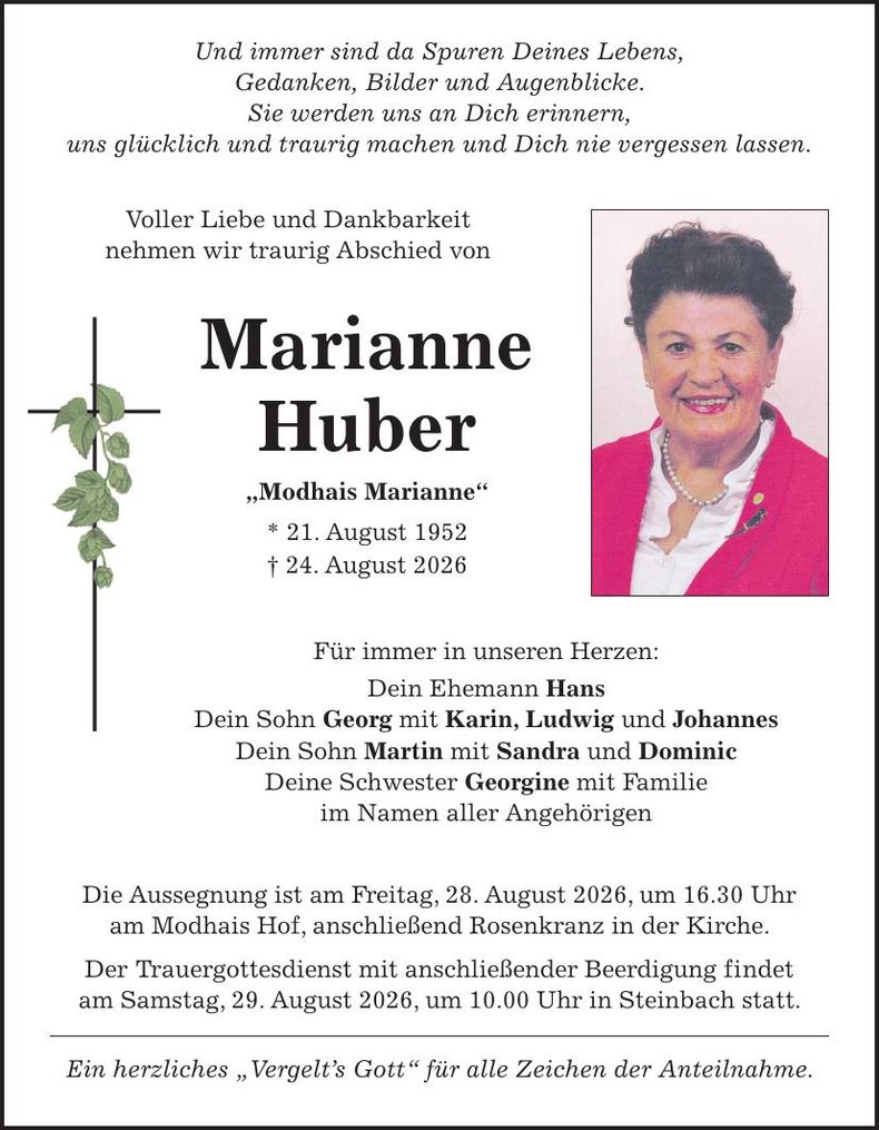 Traueranzeige Marianne Huber