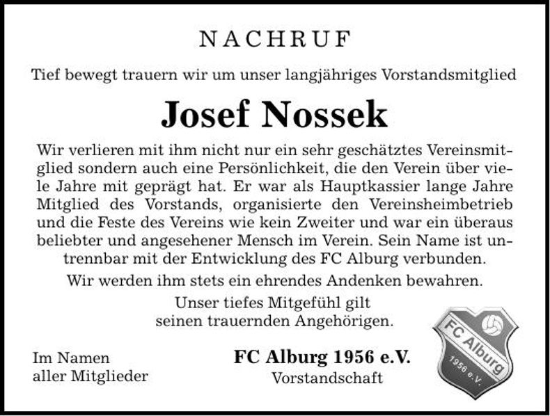 Traueranzeige Josef Nossek