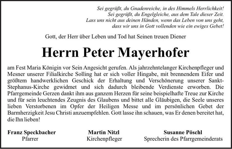 Traueranzeige Peter Mayerhofer