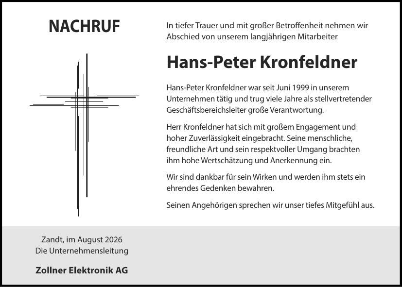 Traueranzeige Hans-Peter Kronfeldner