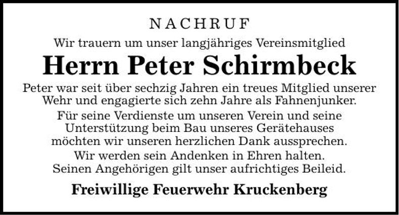Traueranzeige Peter Schirmbeck
