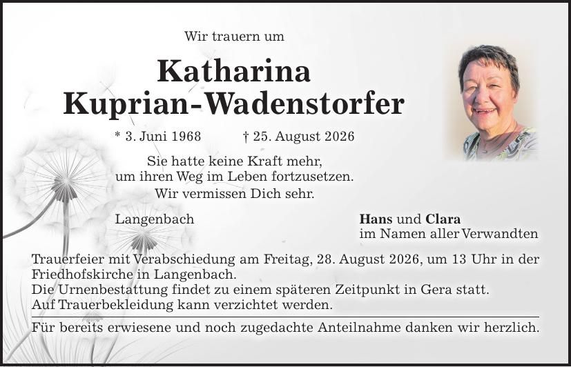 Traueranzeige Katharina Kuprian-Wadenstorfer