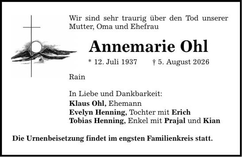 Traueranzeige Annemarie Ohl