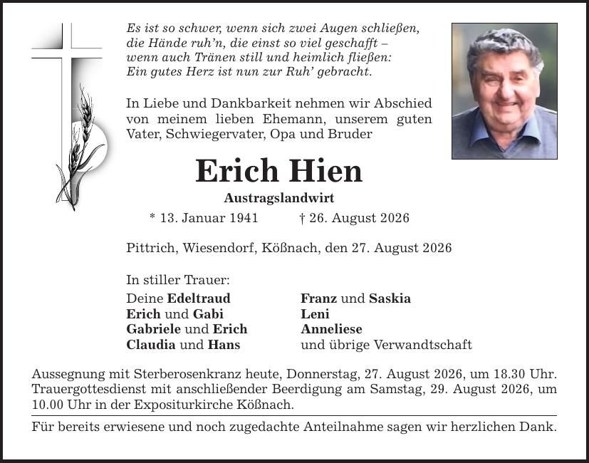 Traueranzeige Erich Hien