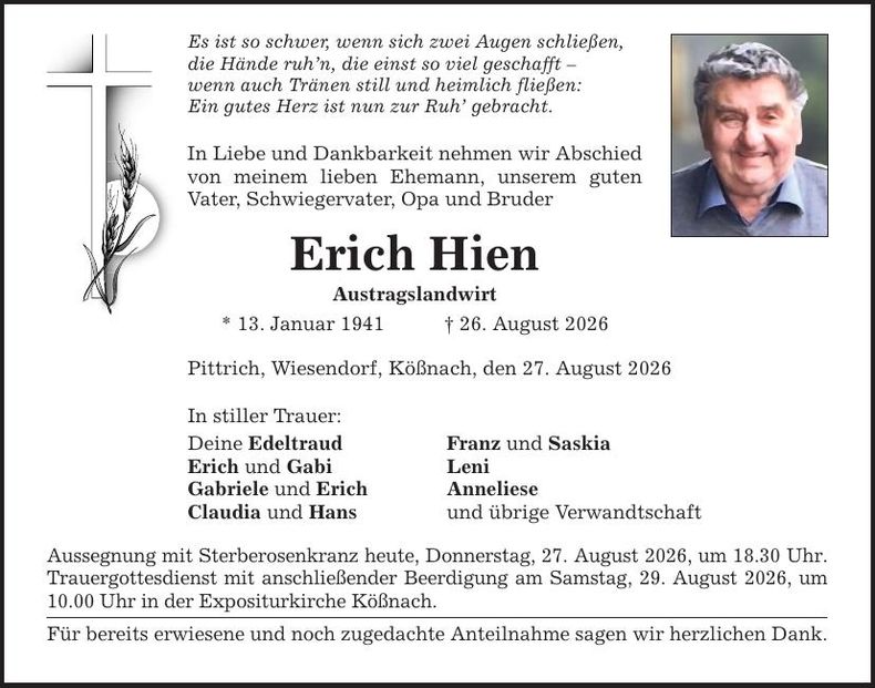 Traueranzeige Erich Hien