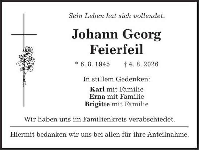 Traueranzeige Johann Georg Feierfeil