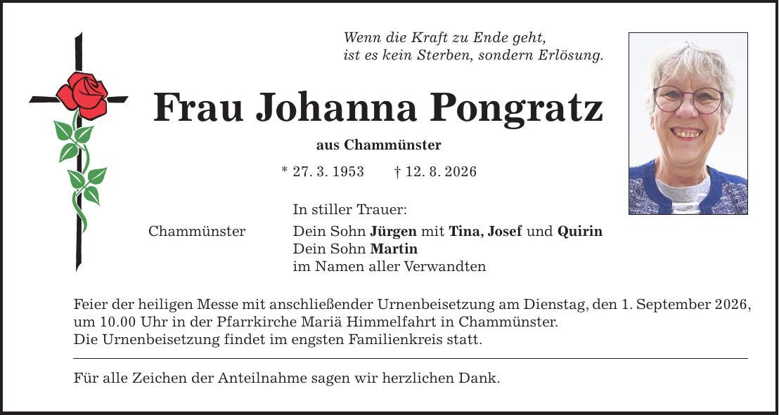 Traueranzeige Johanna Pongratz