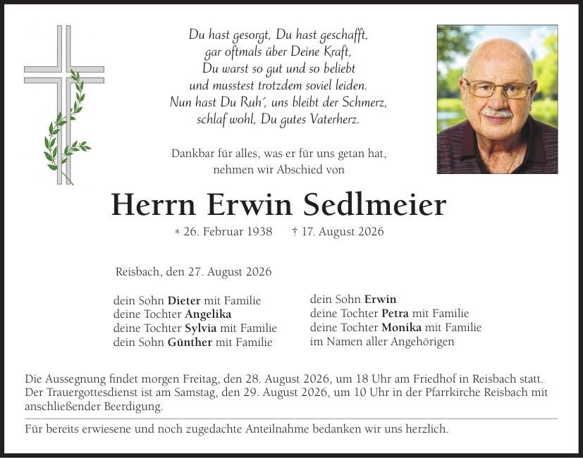 Traueranzeige Erwin Sedlmeier