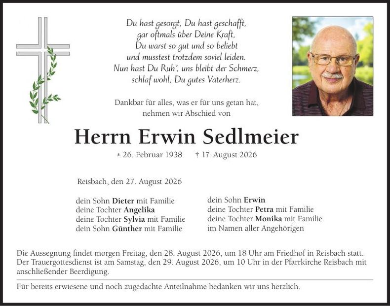 Traueranzeige Erwin Sedlmeier