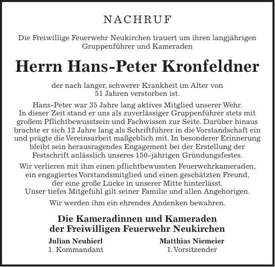 Traueranzeige Hans-Peter Kronfeldner