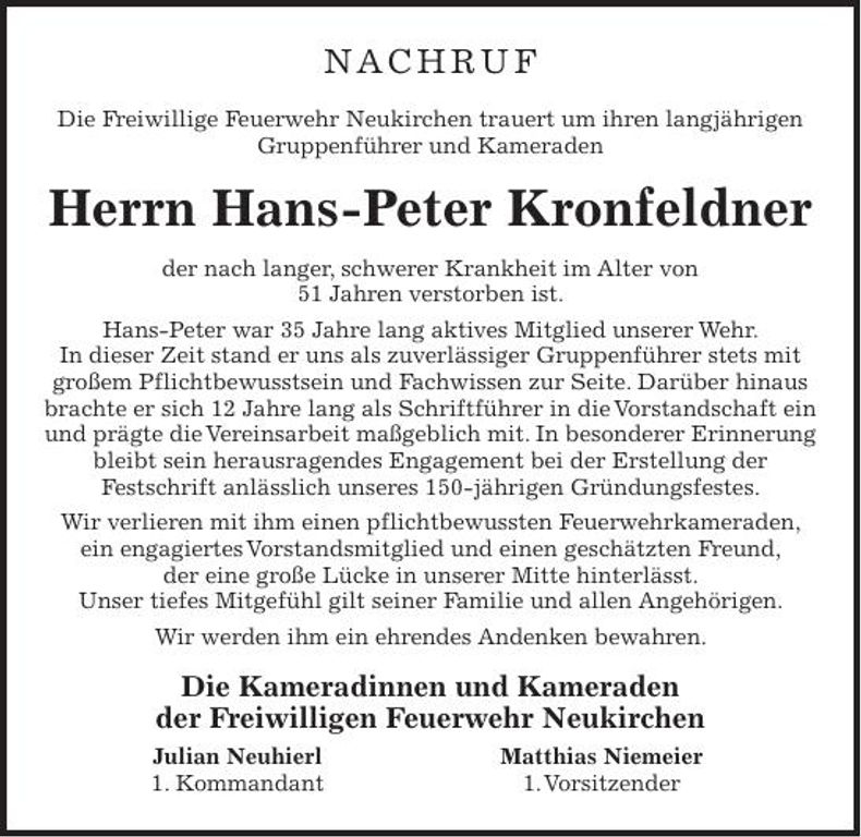 Traueranzeige Hans-Peter Kronfeldner
