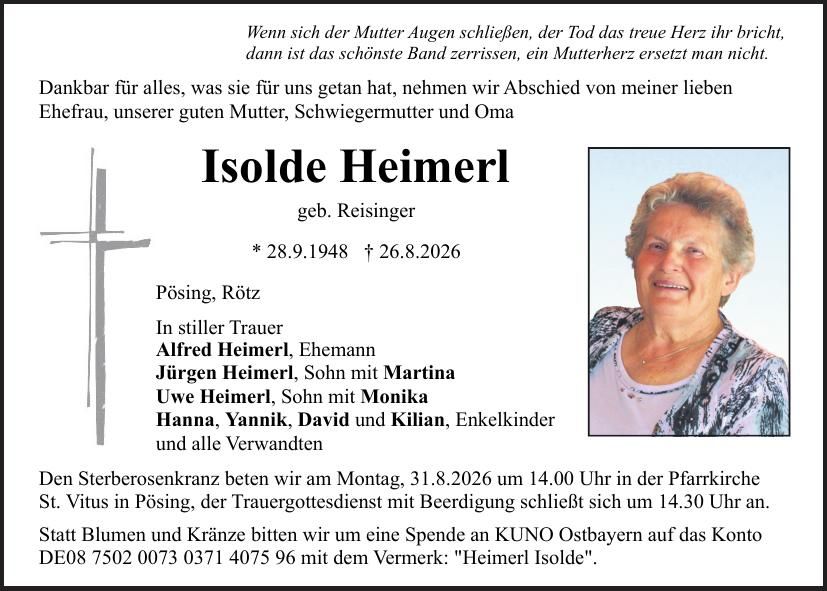 Traueranzeige Isolde Heimerl
