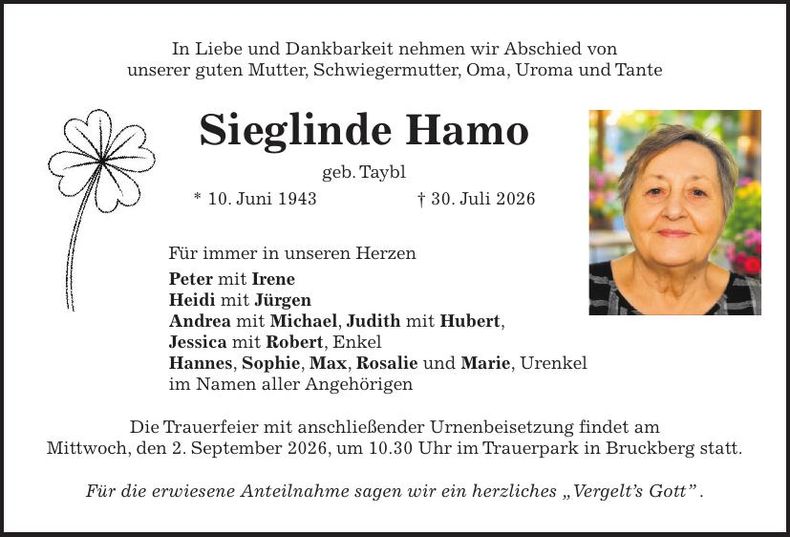 Traueranzeige Sieglinde Hamo