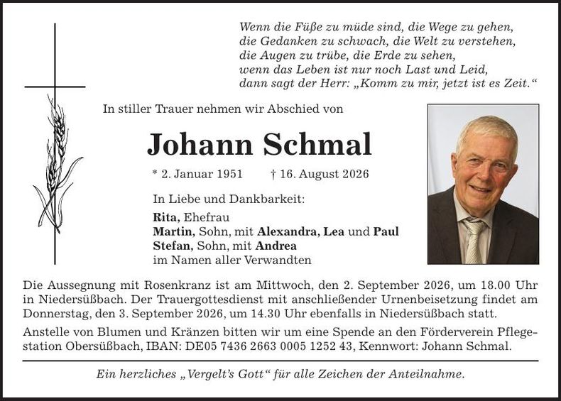 Traueranzeige Johann Schmal