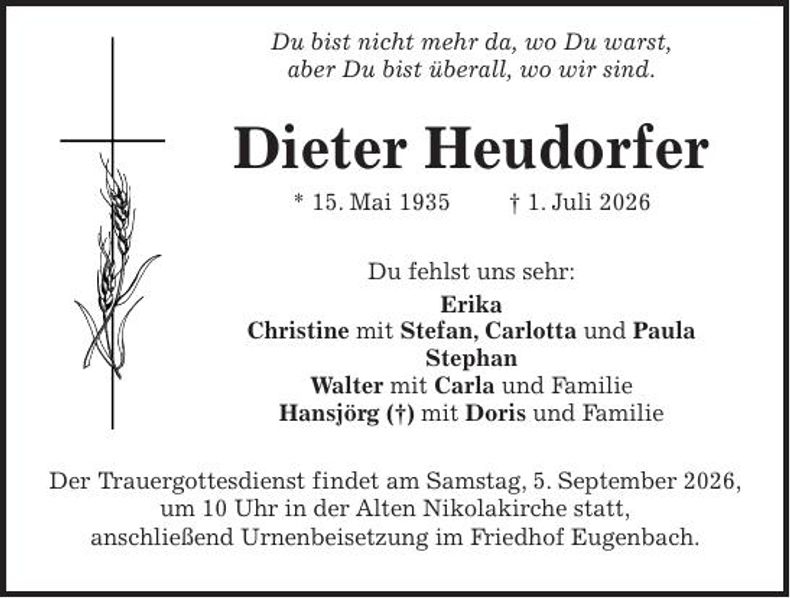 Traueranzeige Dieter Heudorfer