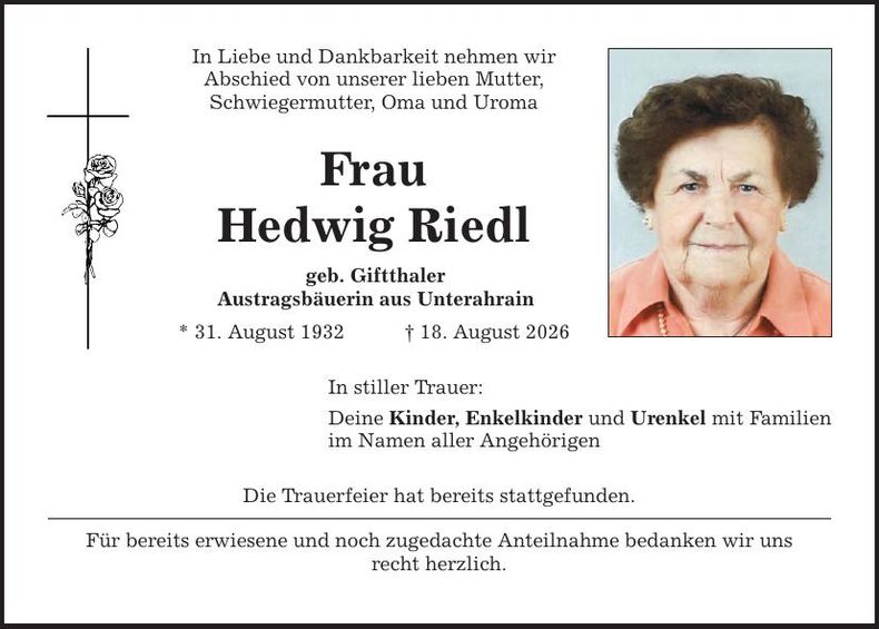 Traueranzeige Hedwig Riedl