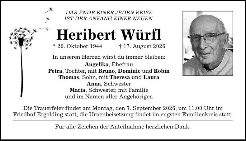 Traueranzeige Heribert Würfl