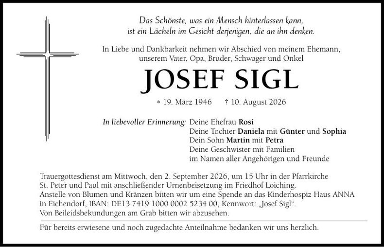 Traueranzeige Josef Sigl