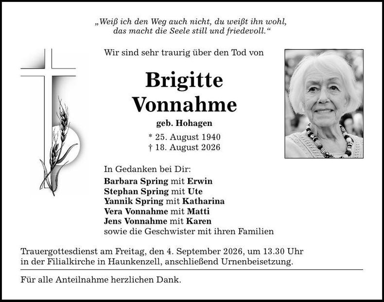 Traueranzeige Brigitte Vonnahme