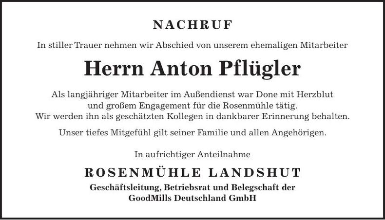 Traueranzeige Anton Pflügler