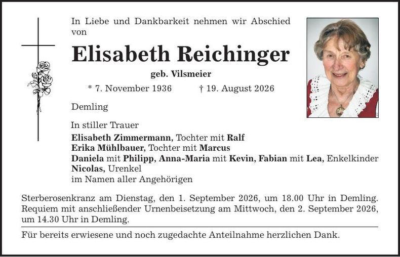 Traueranzeige Elisabeth Reichinger