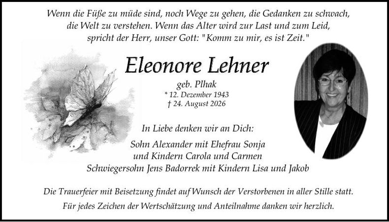 Traueranzeige Eleonore  Lehner 