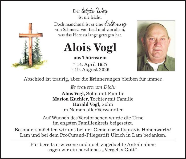 Traueranzeige Alois Vogl