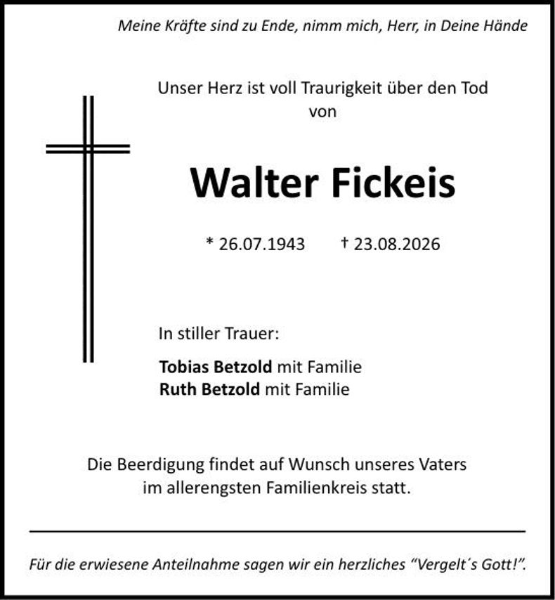 Traueranzeige Walter Fickeis