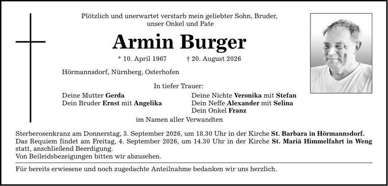 Traueranzeige Armin Burger